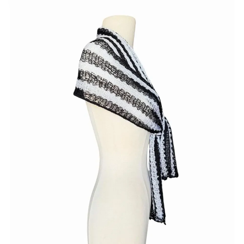 Vintage Handmade Black & White Striped Knit Fishnet Scarf Shawl Wrap Ruffle Edge